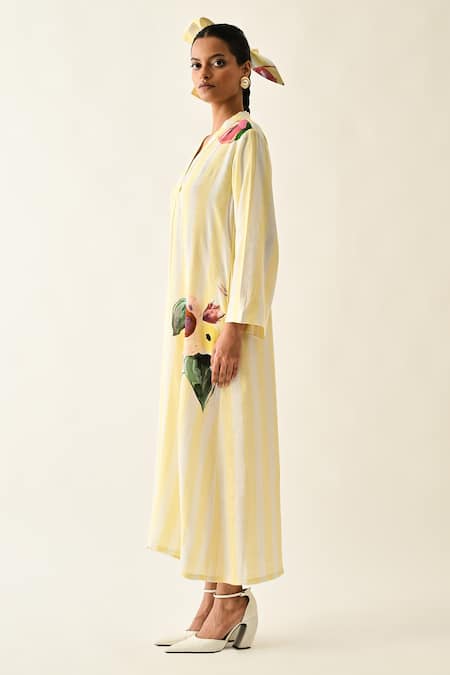Shop_OFRIDA_Yellow Cotton V-neck Bloomstripe A-line Dress 