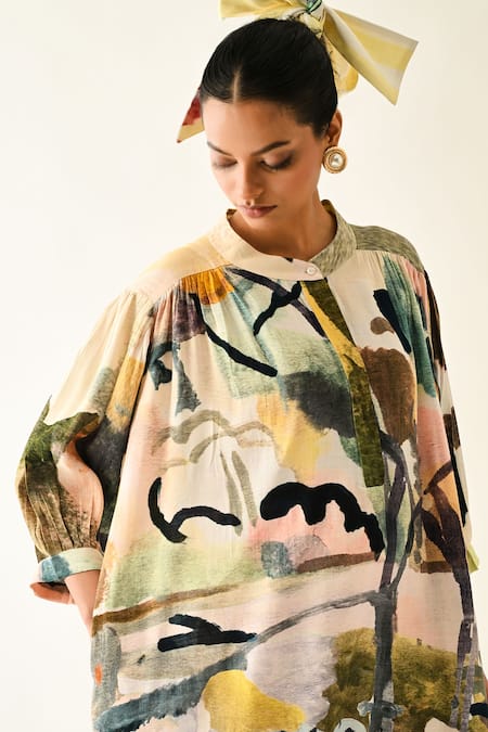 OFRIDA_Multi Color Cotton Round Neck Moonbeam Beach Dress _Online_at_Aza_Fashions