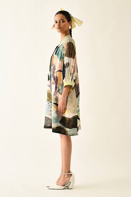 Shop_OFRIDA_Multi Color Cotton Round Neck Moonbeam Beach Dress _Online_at_Aza_Fashions