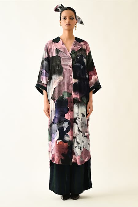 OFRIDA Multi Color Cotton Collared Twilight Bloom Trench Set Online at Aza Fashions OFRIDA_Multi Color Cotton Collared Twilight Bloom Trench Set _Online_at_Aza_Fashions
