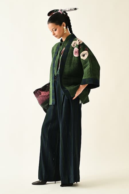 Buy_OFRIDA_Pink Collared, Shawl Neck Mossfield Quilted Jacket And Shirt Set _Online_at_Aza_Fashions