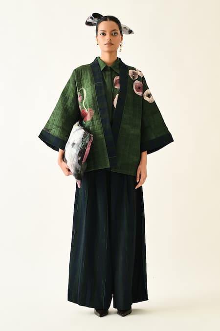 OFRIDA_Pink Collared, Shawl Neck Mossfield Quilted Jacket And Shirt Set _at_Aza_Fashions