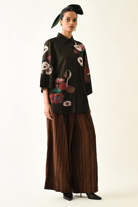 Buy_OFRIDA_Black Cotton Collared Earth Boota Printed Shirt And Pant Set _Online_at_Aza_Fashions