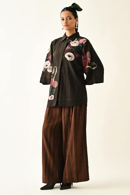 Shop_OFRIDA_Black Cotton Collared Earth Boota Printed Shirt And Pant Set _Online_at_Aza_Fashions