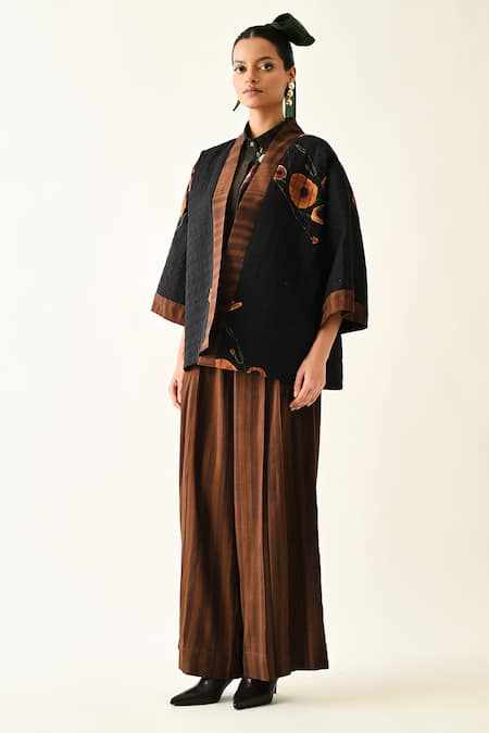 OFRIDA_Black Cotton Collared Earth Boota Quilted Jacket Pant Set _Online_at_Aza_Fashions