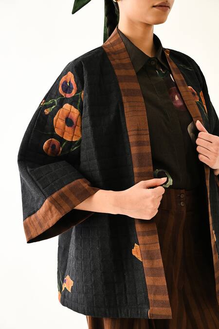 OFRIDA_Black Cotton Collared Earth Boota Quilted Jacket Pant Set _at_Aza_Fashions