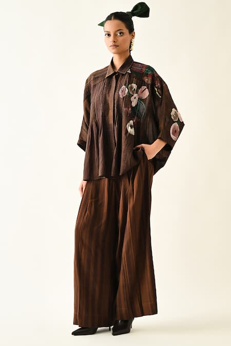 OFRIDA_Brown Cotton Hand Painted Collared Earth Bloom Shirt Pant Set _Online_at_Aza_Fashions