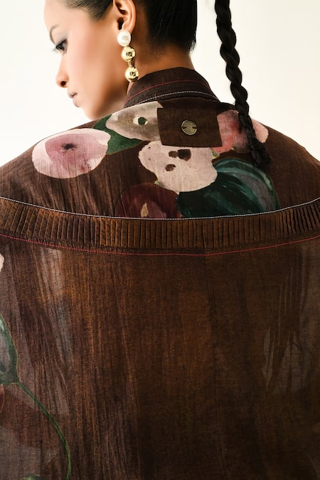 Shop_OFRIDA_Brown Cotton Hand Painted Collared Earth Bloom Shirt Pant Set _Online_at_Aza_Fashions