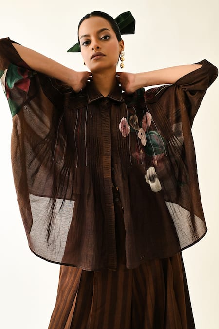 OFRIDA_Brown Cotton Hand Painted Collared Earth Bloom Shirt Pant Set _at_Aza_Fashions