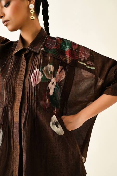 Buy_OFRIDA_Brown Cotton Hand Painted Collared Earth Bloom Shirt Pant Set 