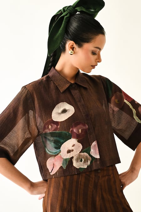 OFRIDA_Brown Cotton Collared Earth Bloom Box Shirt Set _Online_at_Aza_Fashions