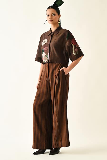 Buy_OFRIDA_Brown Cotton Collared Earth Bloom Box Shirt Set _Online_at_Aza_Fashions