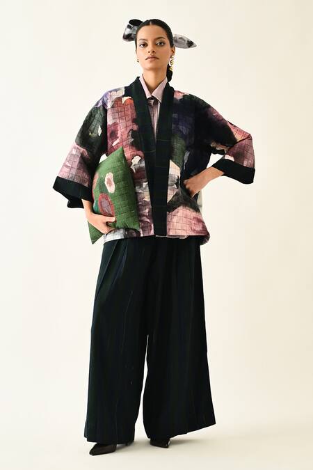 OFRIDA_Pink Cotton Collared Twilight Bloom Quilted Jacket Set _at_Aza_Fashions