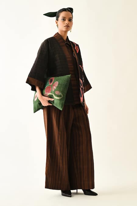 Shop_OFRIDA_Black Cotton Collared Earthbloom Quilted Jacket And Pant Set _Online_at_Aza_Fashions