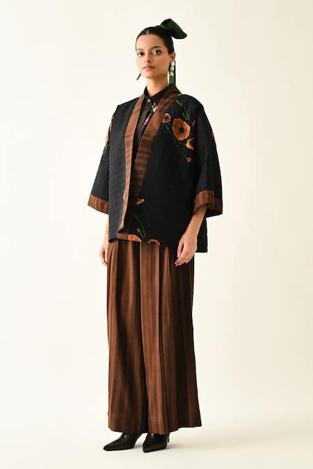 Shop_OFRIDA_Black Cotton Shawl Neck Winter Daffodil Quilted Jacket And Pant Set _Online_at_Aza_Fashions