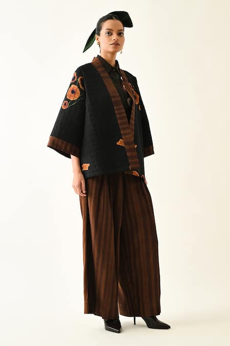 OFRIDA_Black Cotton Open Neck, Collared Winter Daffodil Printed Jacket Set _Online_at_Aza_Fashions