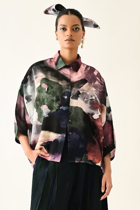 OFRIDA_Multi Color Cotton Collared Solaris Printed Trench Jacket Set _at_Aza_Fashions