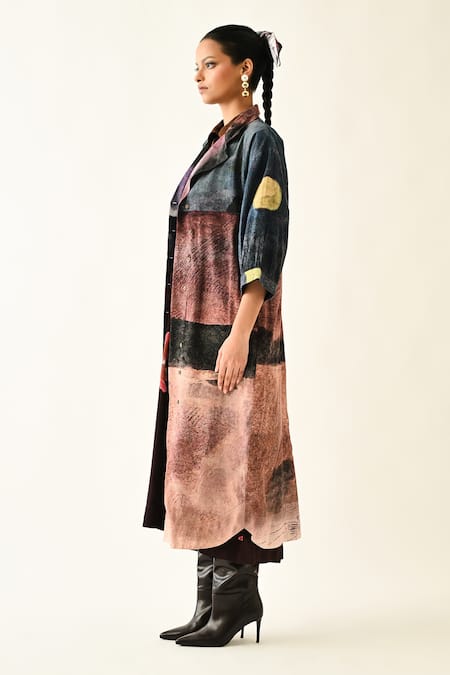 Shop_OFRIDA_Multi Color Cotton Collared Skyline Trench Dress _Online_at_Aza_Fashions