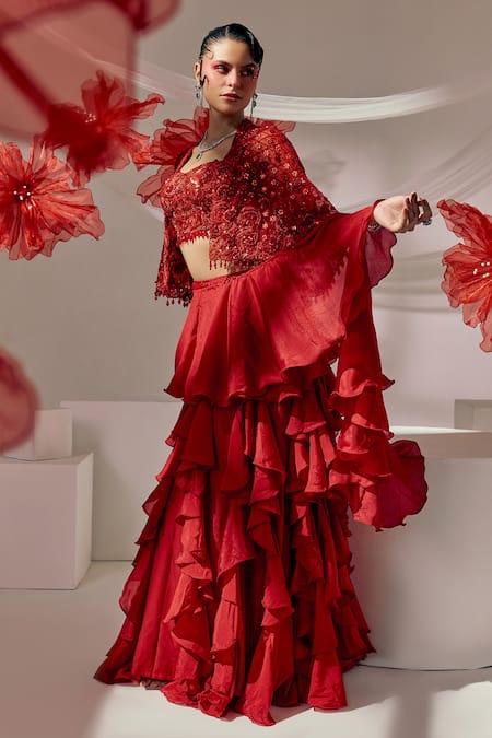 Sachkiran Bimbra Ruffle Pre-Draped Saree Set With Cape 