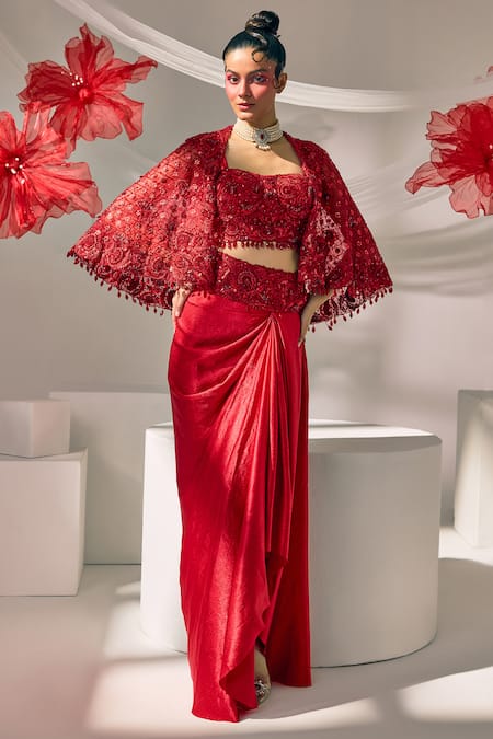 Sachkiran Bimbra Embroidered Cape Draped Skirt Set 