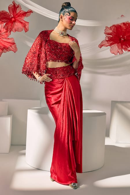 Sachkiran Bimbra Embroidered Cape Draped Skirt Set 