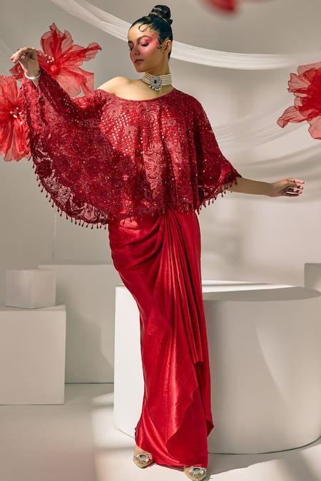 Sachkiran Bimbra Embroidered Cape & Draped Skirt Set 