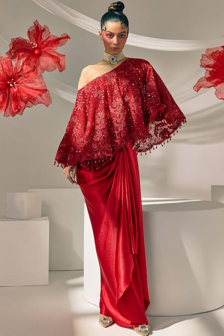 Sachkiran Bimbra Embroidered Cape & Draped Skirt Set 