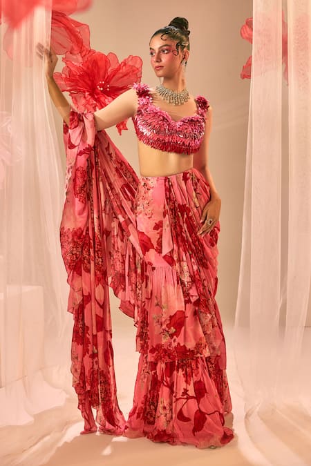 Sachkiran Bimbra Ruffle Printed Pre-Draped Saree With Blouse 