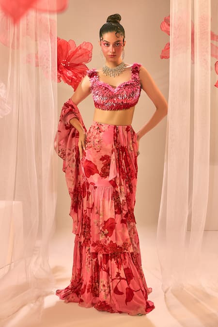 Sachkiran Bimbra Ruffle Printed Pre-Draped Saree With Blouse 