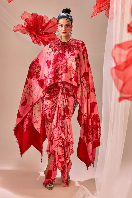 Sachkiran Bimbra Printed Chiffon Top & Draped Skirt Set 