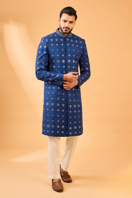 Spring Break Navy Blue Embroidered Sherwani Set 