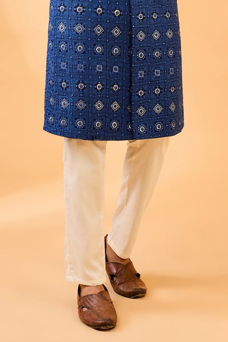 Spring Break_Blue Viscose, Cotton Satin Embroidery, Zari Navy Sherwani Set _Online_at_Aza_Fashions