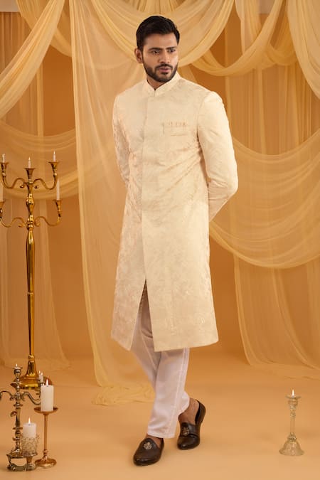 Spring Break Cream Geometric Embroidered Sherwani Set 