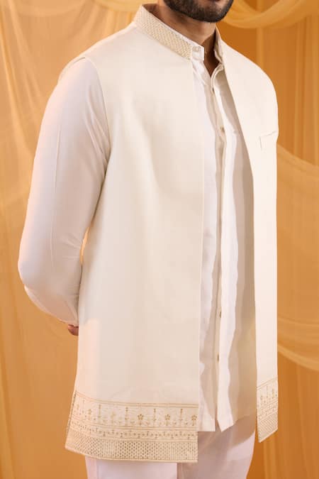 Buy_Spring Break_White Silk, Cotton Embroidery Bundi Shirt Set _Online_at_Aza_Fashions