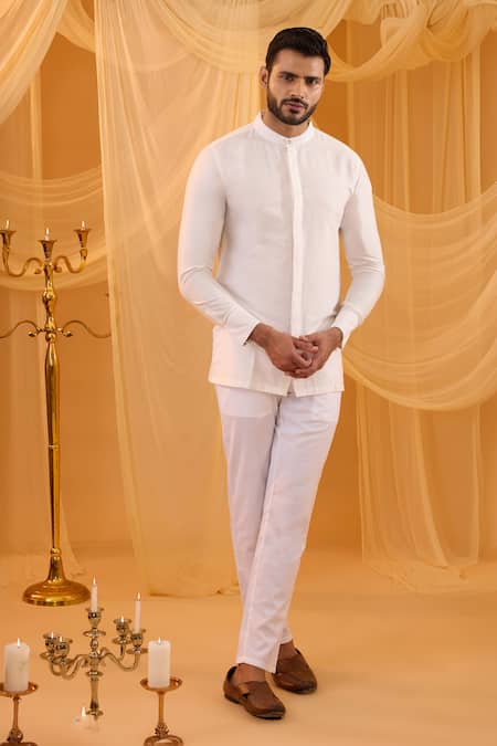 Shop_Spring Break_White Silk, Cotton Embroidery Bundi Shirt Set _Online_at_Aza_Fashions