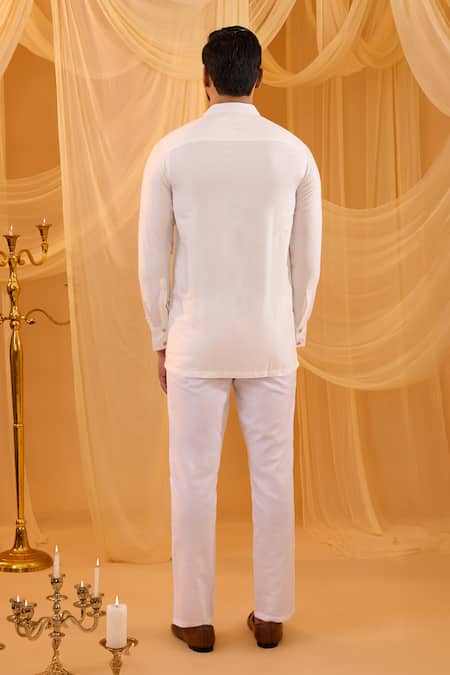 Spring Break_White Silk, Cotton Embroidery Bundi Shirt Set _at_Aza_Fashions