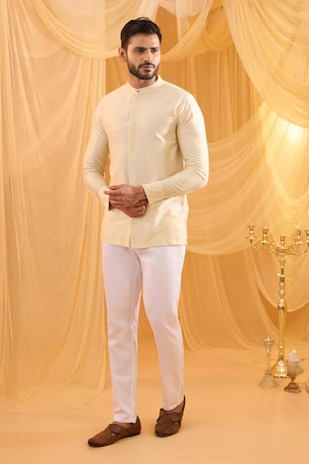 Shop_Spring Break_Cream Silk, Cotton Embroidery Jacket Shirt Set _Online_at_Aza_Fashions