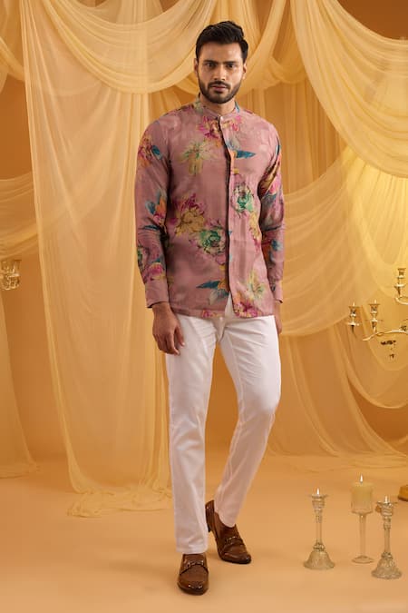Buy_Spring Break_Lilac Silk, Cotton Satin Floral Print Bundi Kurta Set _Online_at_Aza_Fashions