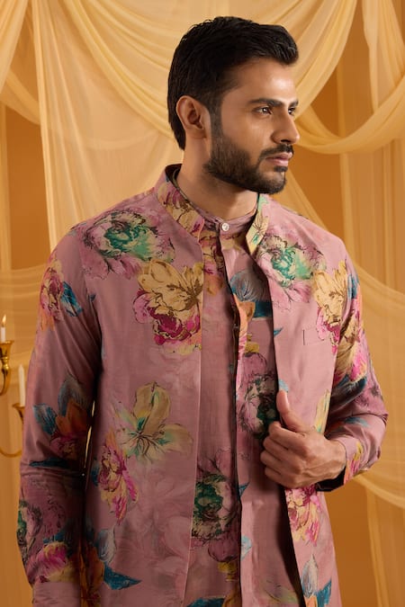 Spring Break_Lilac Silk, Cotton Satin Floral Print Bundi Kurta Set _at_Aza_Fashions