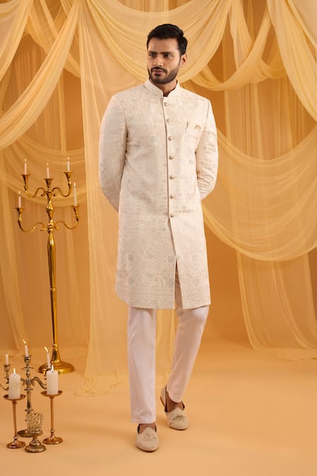 Spring Break Cream Lucknowi Embroidered Sherwani Set 
