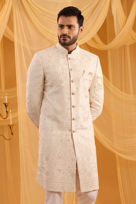 Spring Break_Cream Viscose, Cotton Satin Embroidery Lucknowi Sherwani Set _Online_at_Aza_Fashions