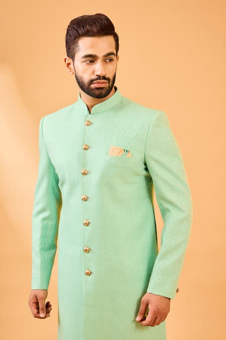 Shop_Spring Break_Mint Silk, , Satin Green Jacquard Sherwani Set _Online_at_Aza_Fashions