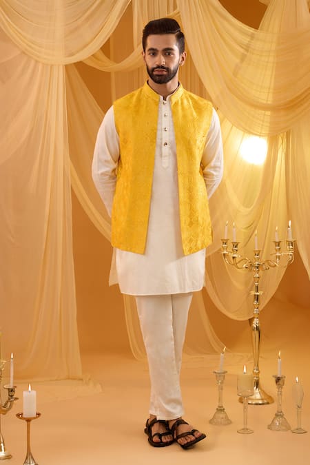 Spring Break Yellow Embroidered Jacket Kurta Set 