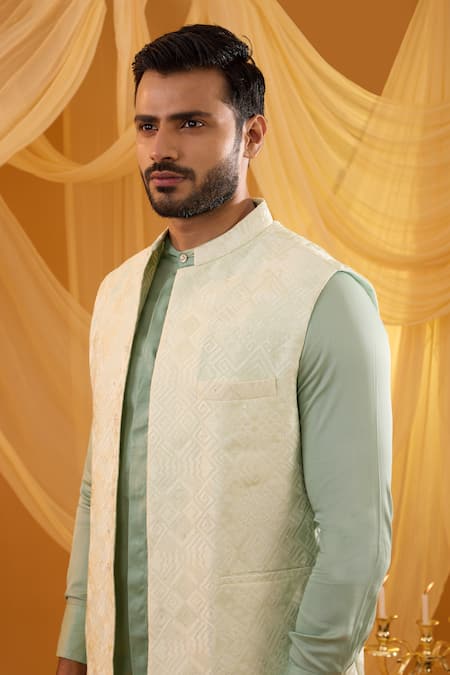 Shop_Spring Break_Ivory Cotton Satin Embroidery Mint Green Bundi Set _Online_at_Aza_Fashions