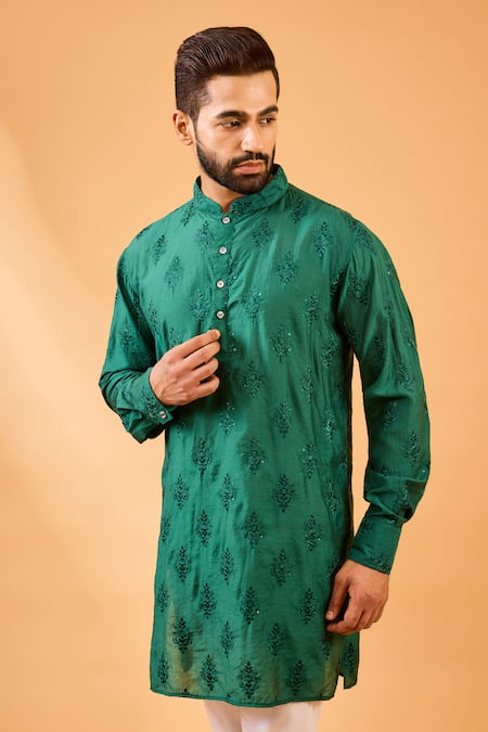 Spring Break_Emerald Green Silk, Dupion, Cotton Embroidery Floral Kurta Set _Online_at_Aza_Fashions