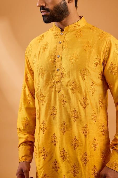 Spring Break Mustard Silk, Cotton, Dupion Embroidery Floral Kurta Set Online at Aza Fashions Spring Break_Mustard Silk, Cotton, Dupion Embroidery Floral Kurta Set _Online_at_Aza_Fashions