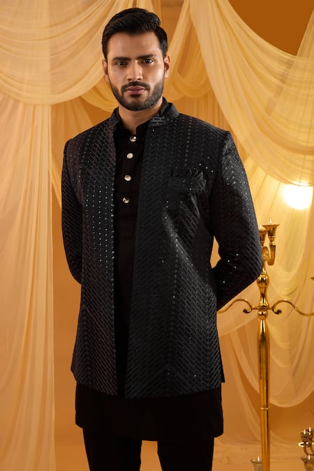 Spring Break_Black Silk, Dupion, Cotton Satin Embroidery Jacket Kurta Set _Online_at_Aza_Fashions