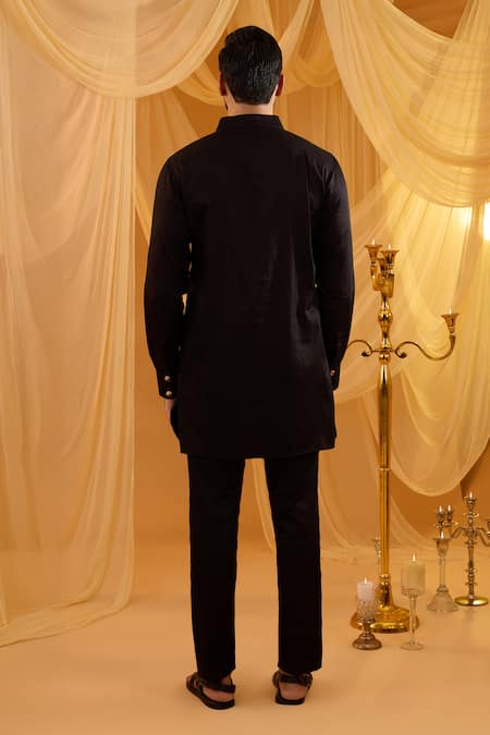 Shop_Spring Break_Black Silk, Dupion, Cotton Satin Embroidery Jacket Kurta Set _Online_at_Aza_Fashions