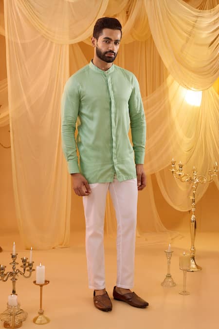 Spring Break_Mint Viscose, Cotton Satin Embroidery Green Open Jacket Kurta Set _Online_at_Aza_Fashions