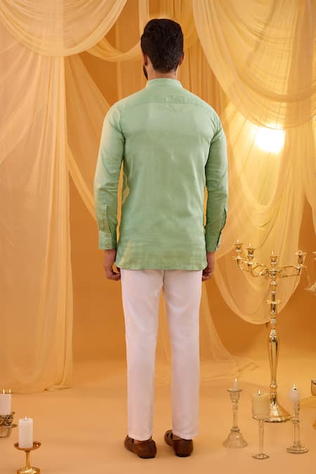 Buy_Spring Break_Mint Viscose, Cotton Satin Embroidery Green Open Jacket Kurta Set _Online_at_Aza_Fashions